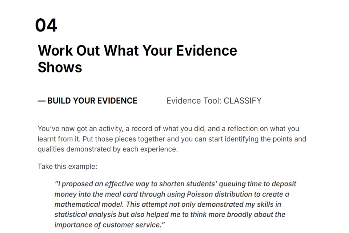 Screenshot from the Complete Personal Statement Writing Pack explaining how to identify what your evidence shows.