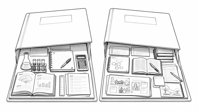 Two open folders showing scientific and artistic study materials with stationery.