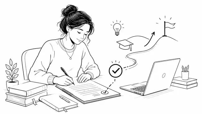 Young woman writing with study materials and laptop around her.