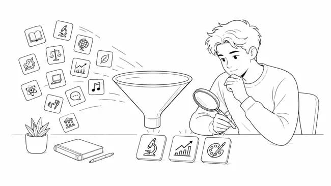 Person analysing various academic subjects through a funnel and magnifying glass.