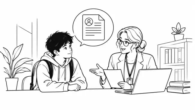 Student discussing an application with an adviser while a reference document is highlighted above them.