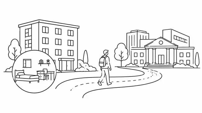 Student walking from university accommodation towards campus, with an inset showing a typical bedroom.
