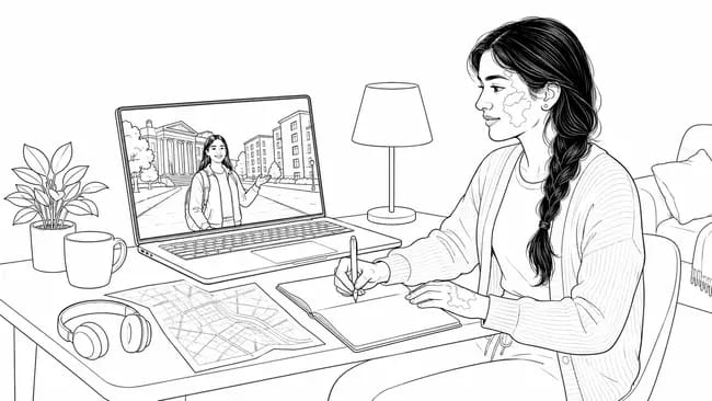 A female applicant researches a university from home through a live online campus tour.