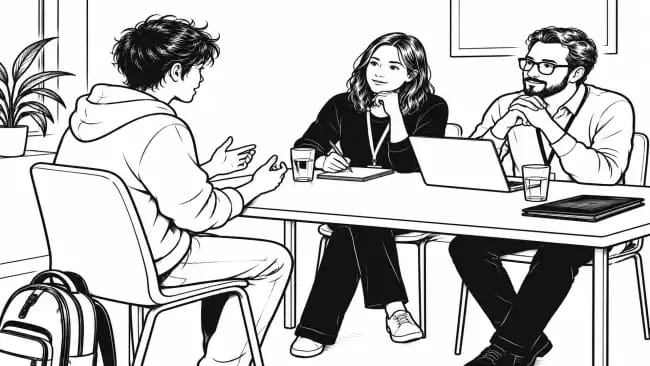 Student taking part in a university interview with two admissions staff, discussing their subject across a simple table while their application sits closed to one side.