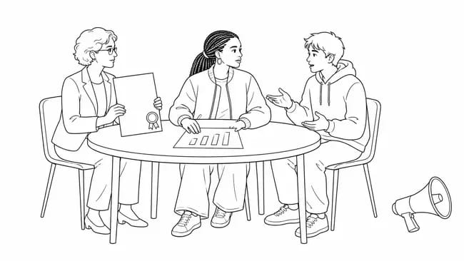 A female applicant compares official data with advice from an adviser and a current student.