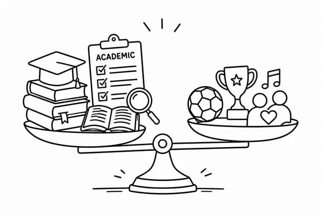 Balance scales with academic books and checklist on one side, sports and music icons on the other.