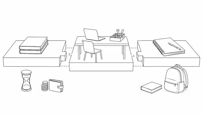 Three puzzle pieces with study materials, workspace, money, and time symbols.