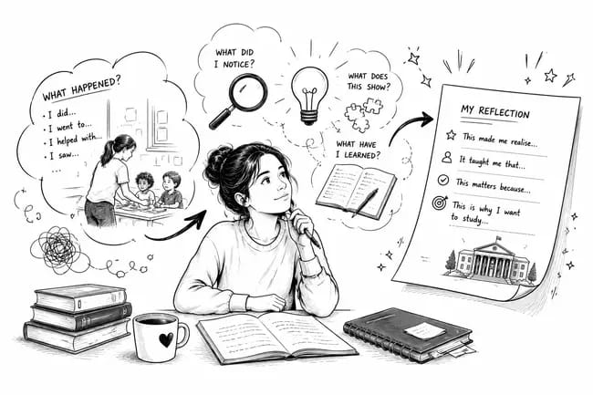 Student reflecting with books, notes, and thought bubbles about learning.
