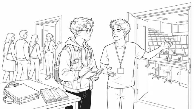 A male applicant takes notes while a student ambassador shows him university teaching facilities.