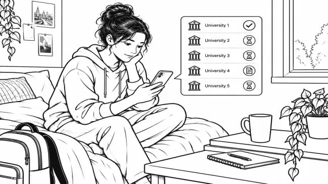 Student checking their phone for updates after submitting a UCAS application, with several university responses still pending and one request for additional information.