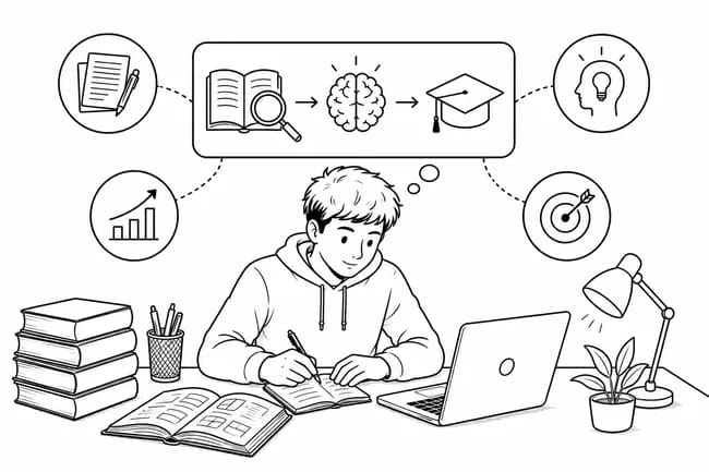 Student studying at desk with books, laptop, and educational icons above head.