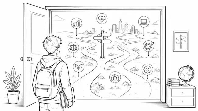 Student with backpack choosing between multiple career paths and icons.