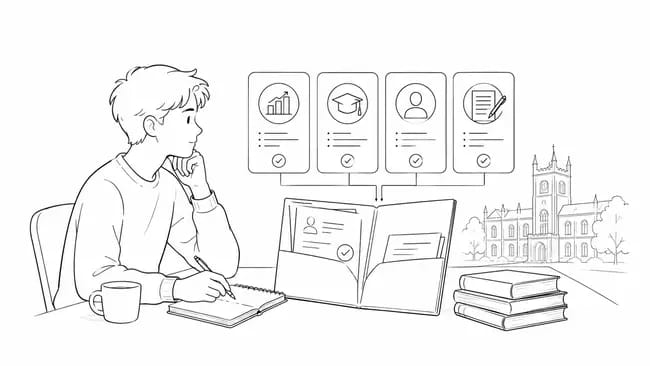 Student writing with icons of documents and a university building in background