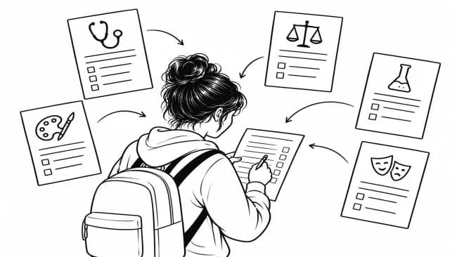 Student completing an additional application form while several subject-specific forms for medicine, law, science, art and performance surround them.