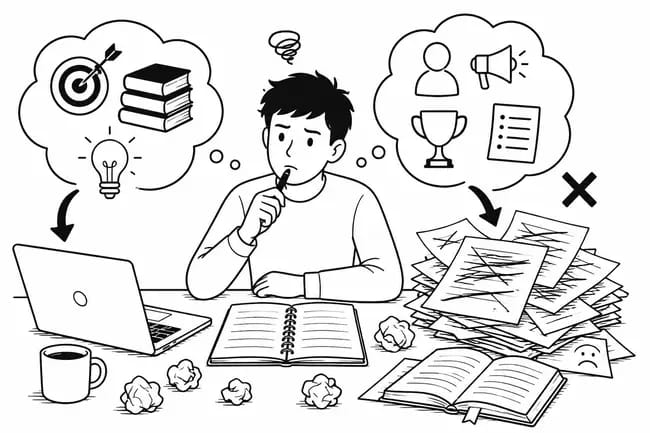 Person thinking between productive ideas and rejected papers at desk