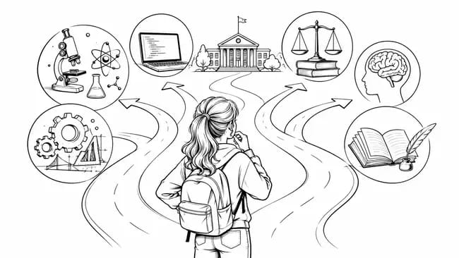 Student considering career paths with icons for science, technology, law, psychology, engineering, and literature.