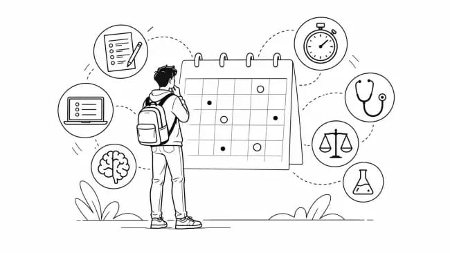 Student checking a calendar against several different admissions-test symbols, representing the need to identify required tests and their deadlines before submitting a UCAS application.