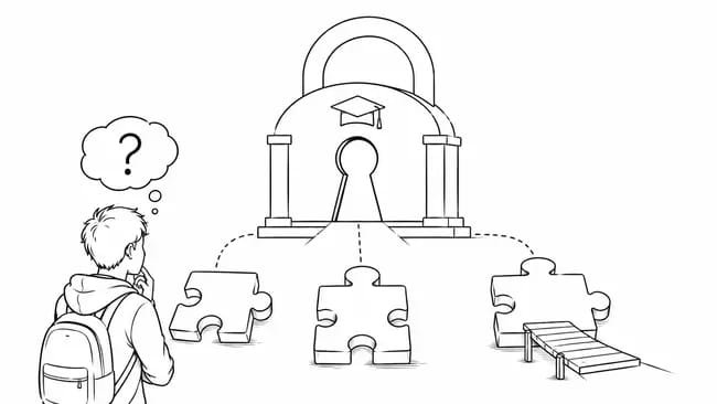 Student with question mark pondering puzzle pieces unlocking a padlock with graduation hat