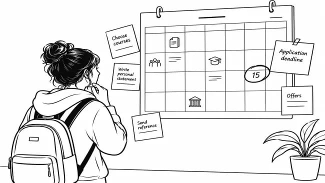 Student reviewing a calendar of application stages and deadlines, representing the timing and next steps involved in using UCAS Extra.