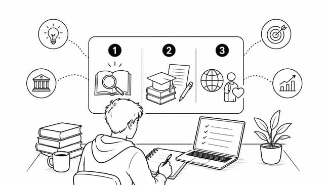Student writing notes with laptop, books, and educational icons above.