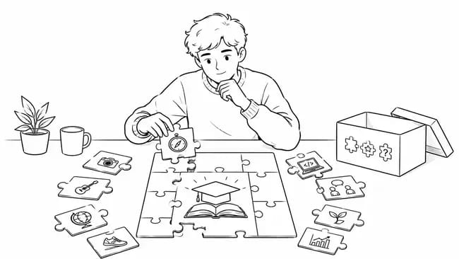 Young person assembling a puzzle with symbols of education and career paths.