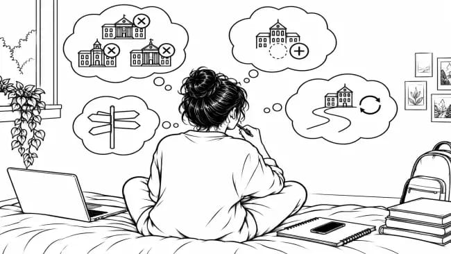 Student reviewing several closed university options while considering the remaining routes forward, including an unused choice, UCAS Extra, Clearing or applying again next year.