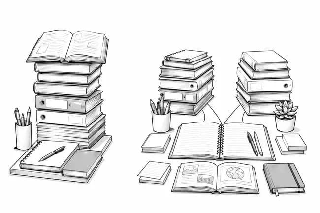Stacks of books, notebooks, pens, and a small plant on a white surface.
