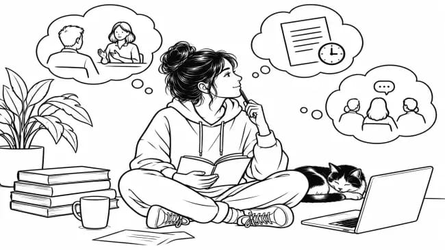 Student sitting cross-legged while thinking through different university selection activities, including an interview, a timed written assessment and a group discussion.