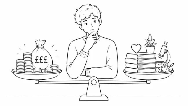 Young person weighing money against books, heart, and microscope on scales.