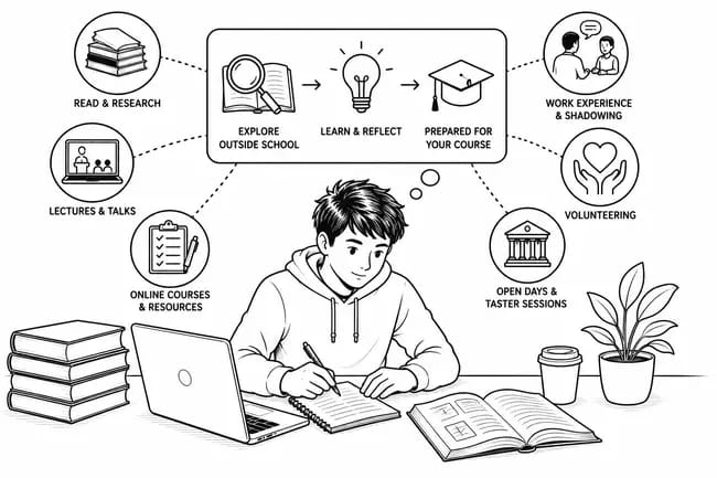 Student writing with laptop, books, and icons representing study and preparation activities.