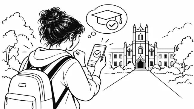 Student celebrating a confirmed university place on Results Day, checking the outcome on their phone with the university campus ahead.
