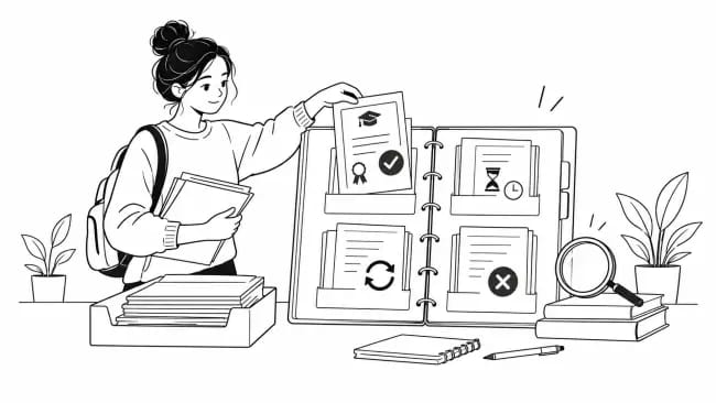 Student organising academic records into a structured file, separating completed results, pending qualifications and information that still needs checking.