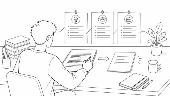 Person editing notes with icons representing ideas, education, and work on wall.