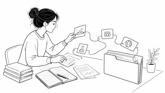 Person organising documents with images linked to folder on desk with books and plant
