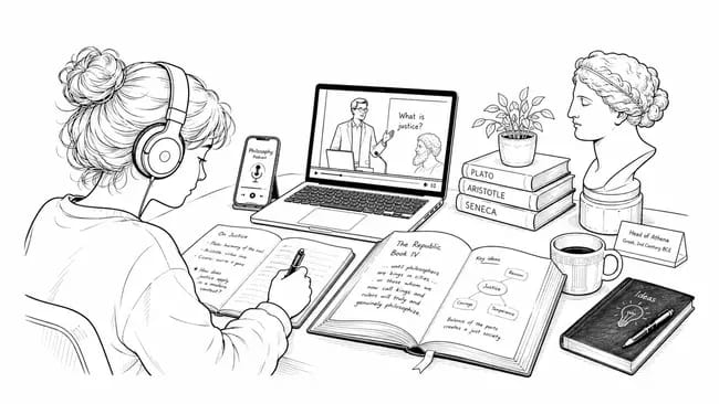 Student with headphones studying philosophy with books, notes, and bust of Athena.