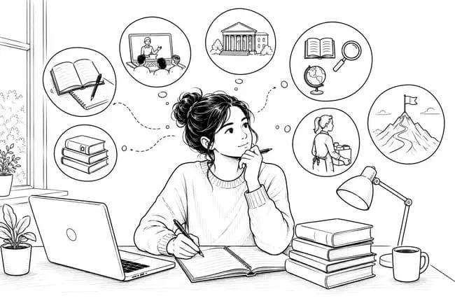 Young woman planning goals with books, laptop, and thought bubbles.