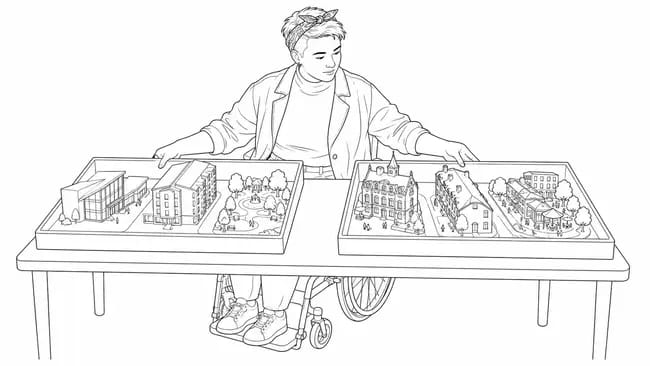 A female student balances two different university choices on a large scale.