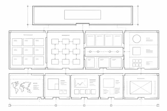 Outline diagram of interconnected rectangular and square sections with icons and charts.