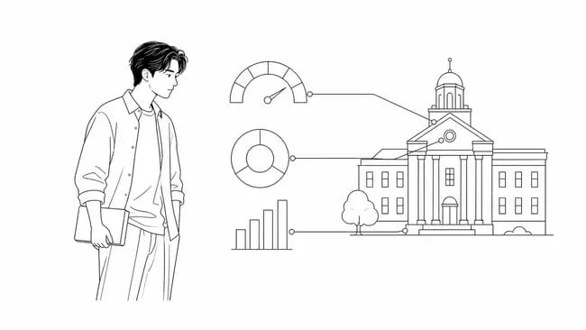 A male applicant reviews three statistical measures associated with a university.