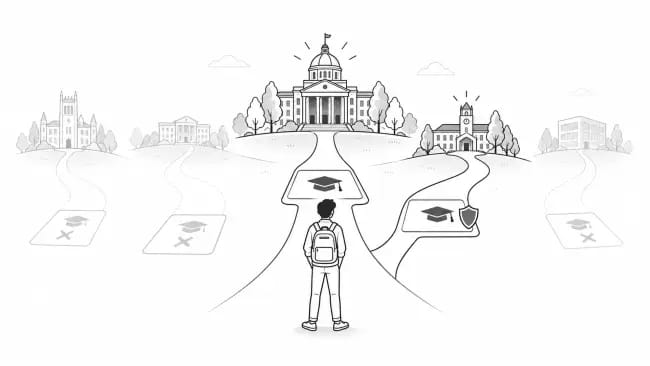 Student facing several university paths, with one route marked as the main choice and another kept as a backup option.