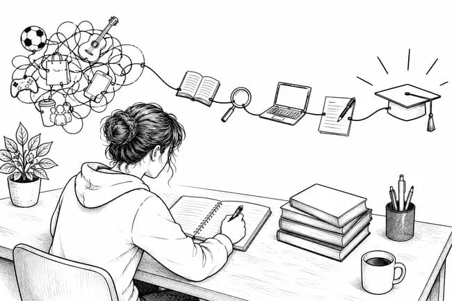 Student writing at desk, tangled thoughts guided towards graduation cap.
