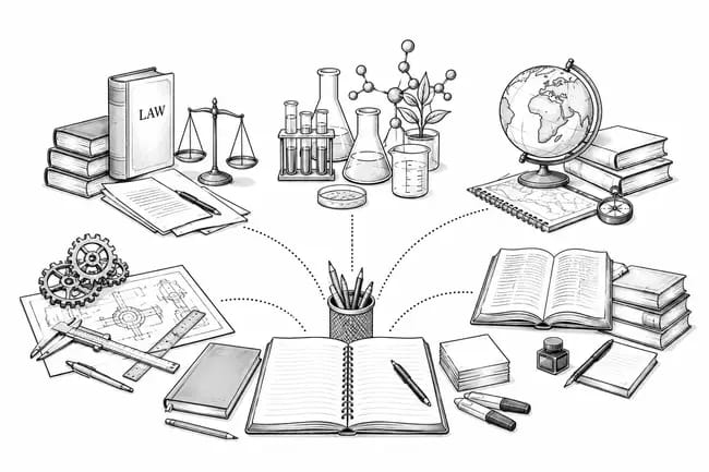 Books, scientific equipment, globe, engineering tools, and notebooks around open book.