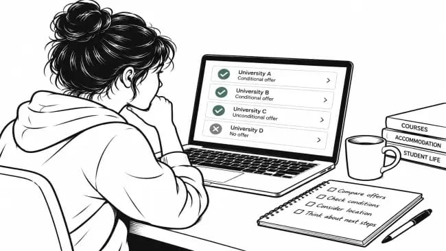 Student comparing several university decisions, including conditional and unconditional offers and an unsuccessful application, while considering the next steps.