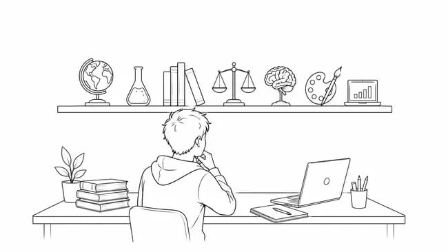 Student sitting at desk contemplating icons representing various academic subjects on a shelf.