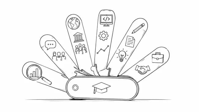 Swiss army knife with icons representing various career fields and skills.