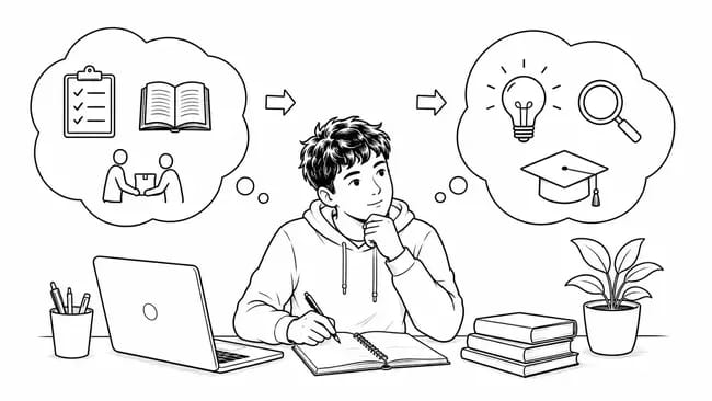 Student writing in notebook with thought bubbles showing learning and ideas