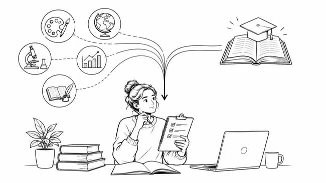 Student contemplating degree options with icons of subjects and graduation cap.