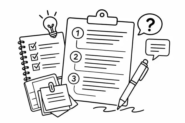 Checklist, numbered list on clipboard, pen, and speech bubbles with question mark.