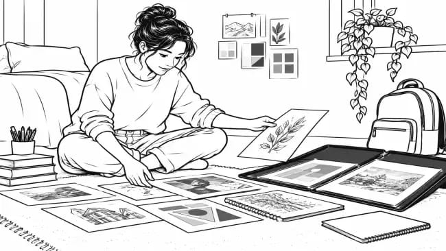 Student arranging a selection of creative work into a portfolio, including sketches, design pieces and project pages, ready to submit for a course that requires additional evidence.