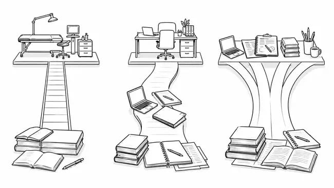 Three platforms with study materials linked to different career setups: medical, office, and creative desk.